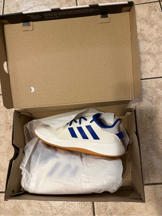 adidas Shoes - adidas Women’s White Sneakers with Blue Stripes CloudFoam Pure SPW